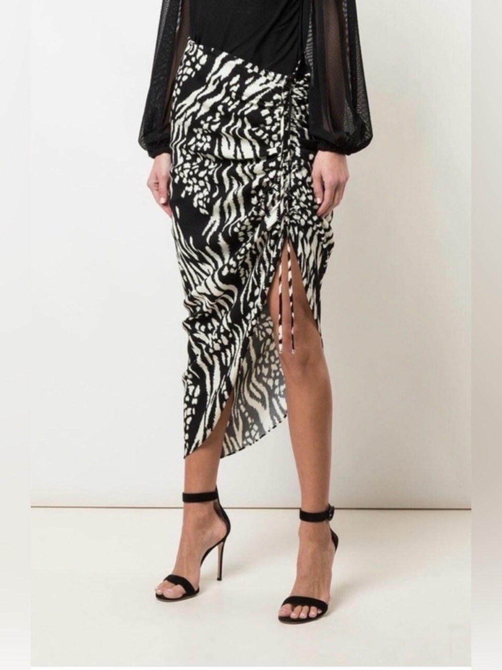 Veronica Beard Ari Ruched Midi Skirt Black Bone Animal Print NWT Size 6